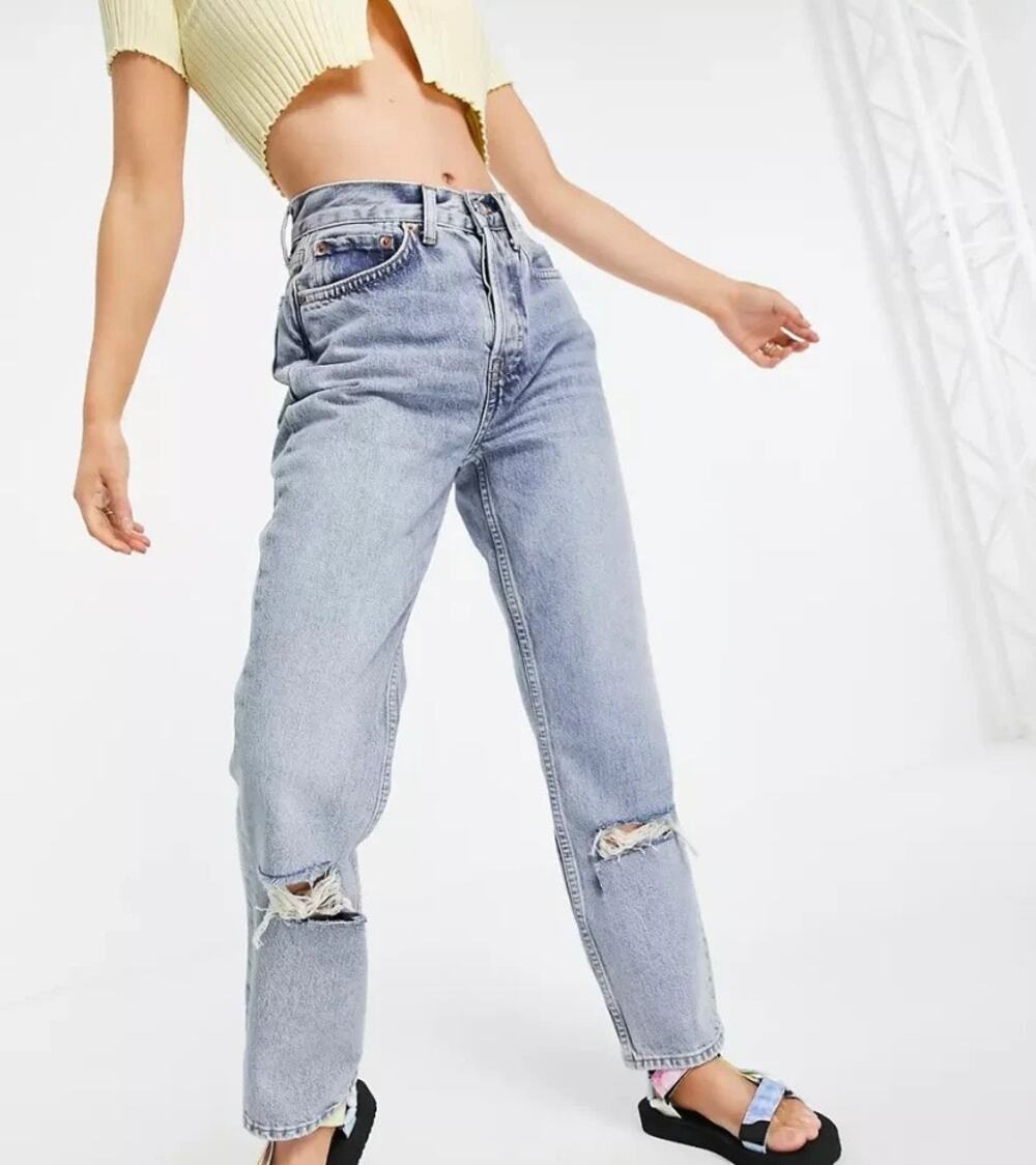 Topshop Petite Dad Jeans Distressed Knee Light Wash Denim W24 L28